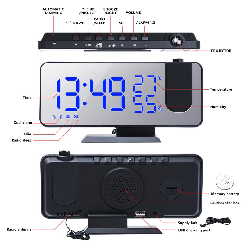 LED Digital Alarm Clock with Projector