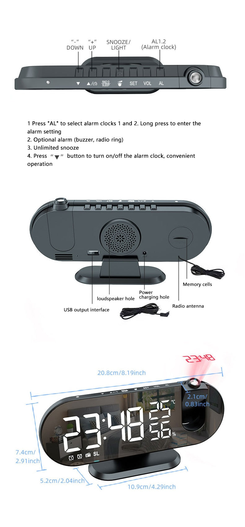 LED Digital Alarm Clock with Projector